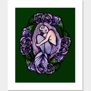 Purple Floral Mermaid Cuddles Posters and Art